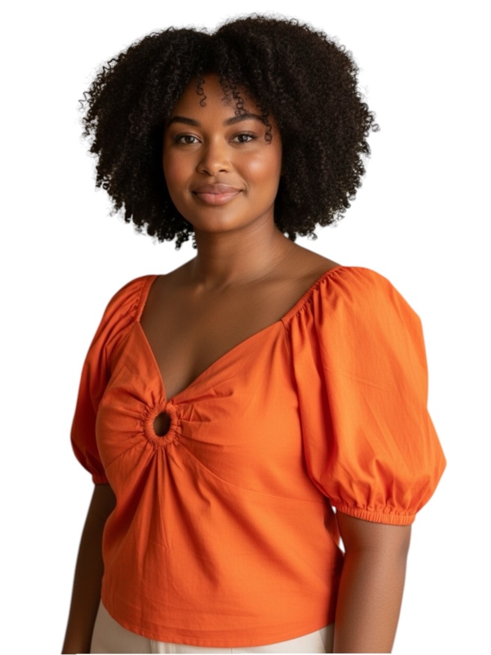 NWT Sim & Sam Orange Puff Sleeve Crop Top XL | Smocked Back Front Ring Detail